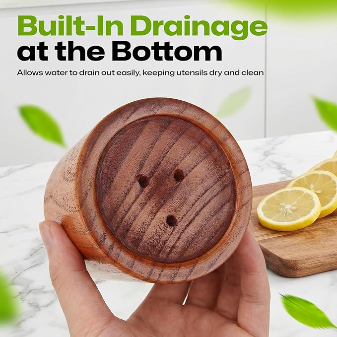 AIUHI Wood Utensil Holder for Kitchen Counter, Wooden Utensil Crock, Kitchen Utensil Organizer, 5.9"x 4.3" Large Spatula and Spoon Holders