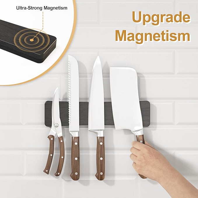 Magnetic Knife Holder for Wall, 10" Acacia Wood No Drill Knife Magnet Strip Use as Tool Key Storage Knife Bar, Powerful Wall Mounted Magnetic Knife Rack for Refrigerator & Kitchen Utensil Organizer