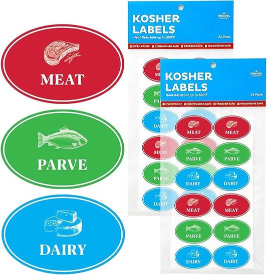 Assorted Kosher Labels, (48 Pack) 16 Blue Dairy, 16 Red Meat, 16 Green Parve Stickers, Oven Proof up to 500°, Freezable, Microwavable, Dishwasher Safe, English, Color Coded Tools (48-Pack)