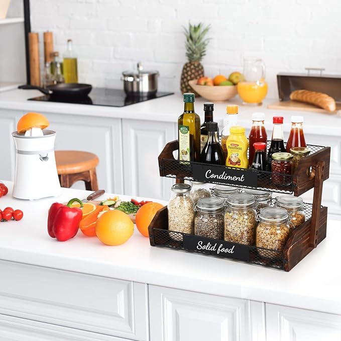 2 Tier Fruit Basket for Kitchen Counter Organizer with Banana Hangers Wooden Fruit Basket Kitchen Counter Storage Holder for Onion Potato Bread Vegetable Organize(15.75 x 11.8 x 10.6 Inches)