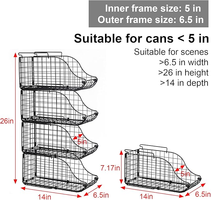 Sonyabecca 4-Pack Stackable Canned Food Organizer with Handles for Kitchen, Soda Can Organizer for Pantry Shelves, Wire Cabinet Shelf for Can Storage, Foldable Soda Dispenser, Patent Pending, Black