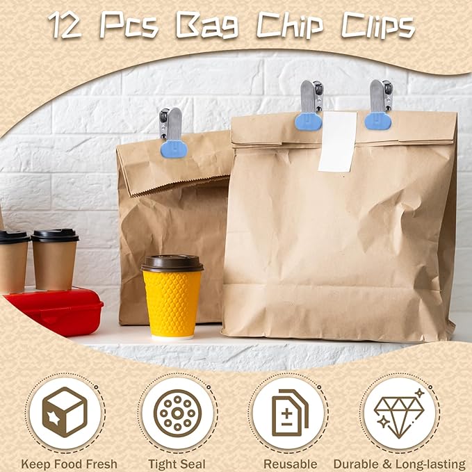 PHITUODA 12 Pack Chip Bag Clips with Silicone Edges, 1.5 Inches Wide Chip Clips Food Clips Bag Clips Stainless Steel Food Bag Clips - Air Tight Seal, Heavy Duty for Kitchen and Office, Blue