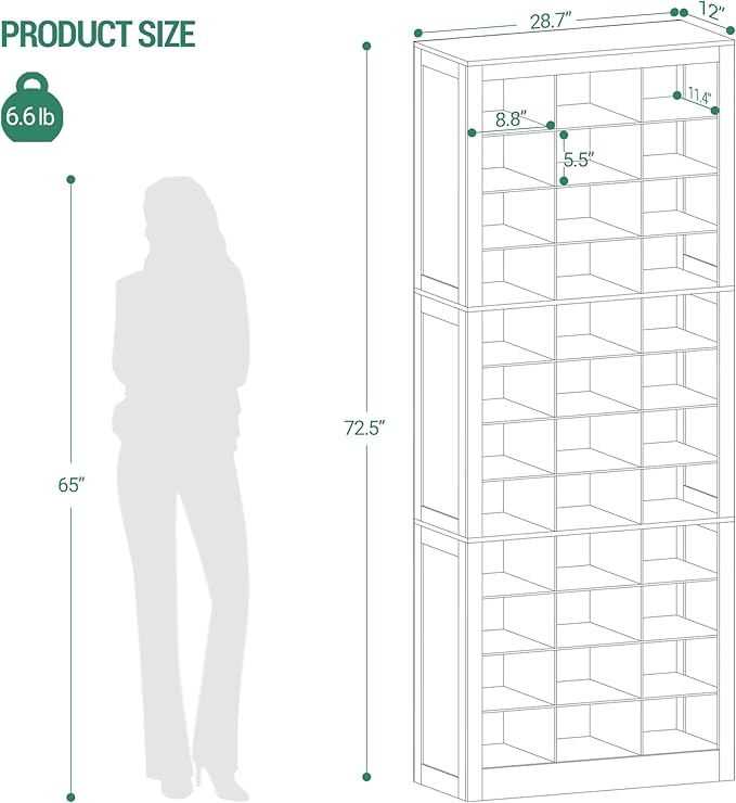 Shoe Storage Cabinet, 36 Pairs Free Standing Closet Organizer, 9 inch Widened Cell Wood Shoe Organizer, 12 Tiers Vertical Space Saving Shoe Rack for Entryway, Cloakroom, Black SR20704X
