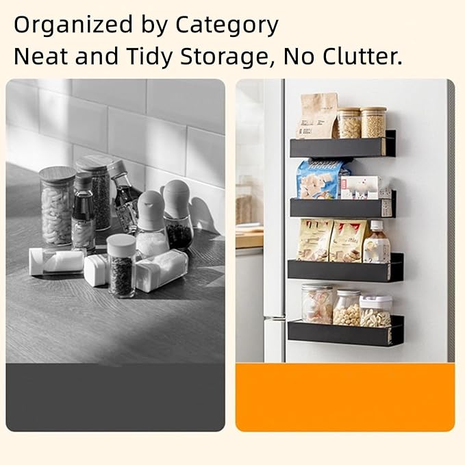 Punch Free Magnetic Storage Rack Organize Space-Saving Kitchen Organizer, Magnetic Storage Rack for Refrigerator, Metal Magnetic Spice Storage Rack Organizer with Hooks (Large)