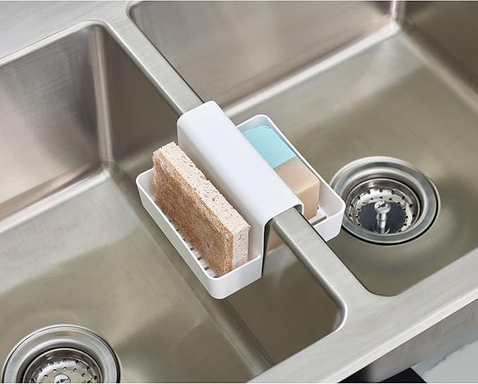 iDesign Sink Saddle Caddy for Kitchen Sink - Sink Saddle for Double Sink with Sponge Holder - White