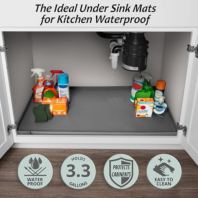 LochCraft - Heavy Duty Under Sink Mat - Thicker Design, Patented Drain, BPA Free - Under Sink Mats for Kitchen Waterproof - Ideal Under the Sink Mat Waterproof Solution - 34 x 22 Inches - (Grey)
