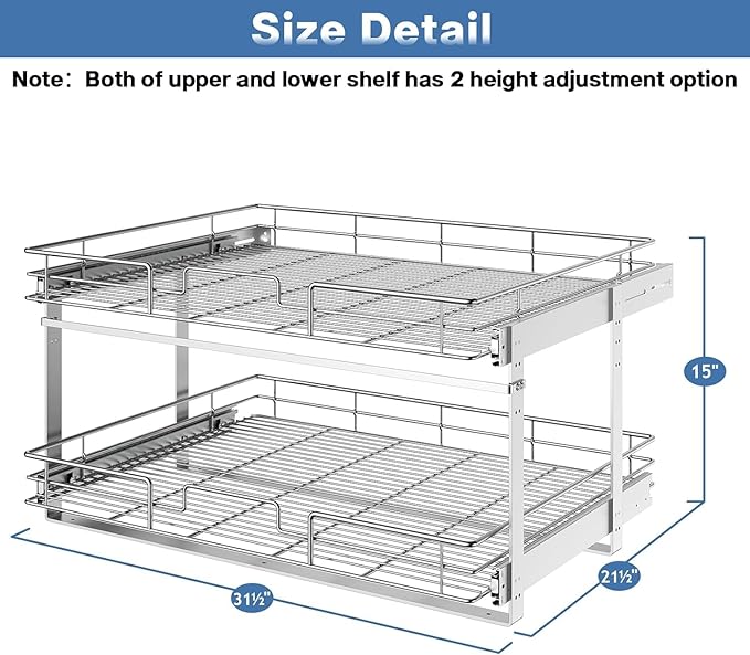 ROOMTEC Pull Out Cabinet Organizer (31½"W x 21½"D),2 Tier Pull Out Storage Shelf Drawer Basket,Sliding Shelves for Base Cabinet Organization in Kitchen, Bathroom, Pantry
