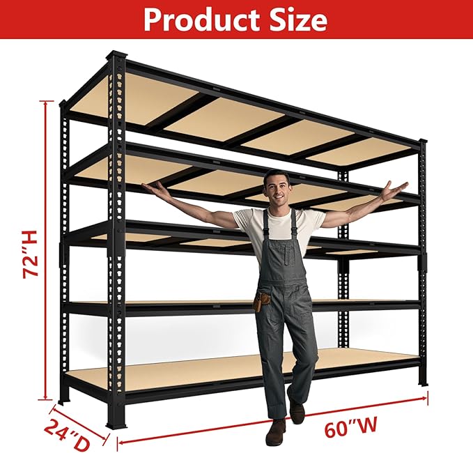 PrimeZone 60" W X 24" D X 72" H Heavy Duty Garage Storage Shelves - Adjustable Metal Shelving Unit, 5 Tier Industrial Shelves for Storage Standing Utility Rack for Warehouse, Pantry, Basement, Black