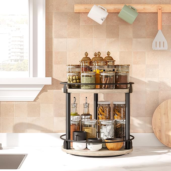 Lazy Susan Organizer, Rotating Spice Rack, 2 Tier Spice Turntable Organizer, Industrial Turntable Spice Holder, for Kitchen Countertop and Cabinet, Compact and Versatile, Greige SR22BG