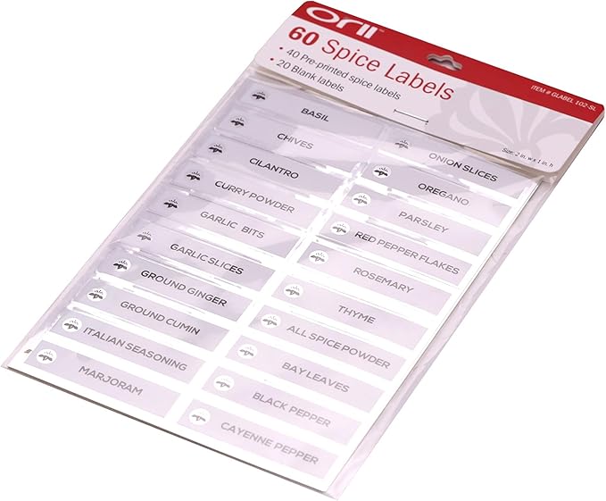 Orii Spice Labels - 40 Preprinted + 20 Blank Labels | Kitchen Jar Label Combo Tags for Pantry Ingredients and Spice Rack Organization, Silver/White (60 Labels)