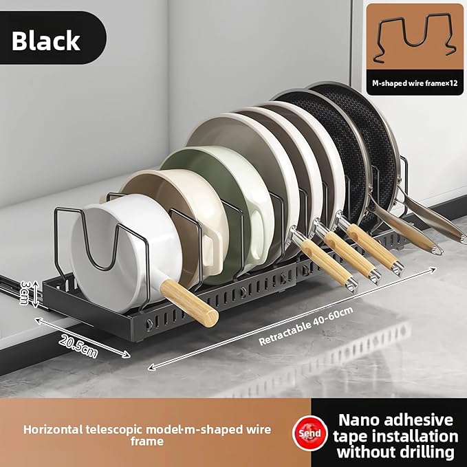 pull-out pots and pans organizer under cabinet,pot lid organizers inside cabinet holders for kitchen,Horizontal and vertical pulling modes,Can be extended and adjusted (Black horizontal)