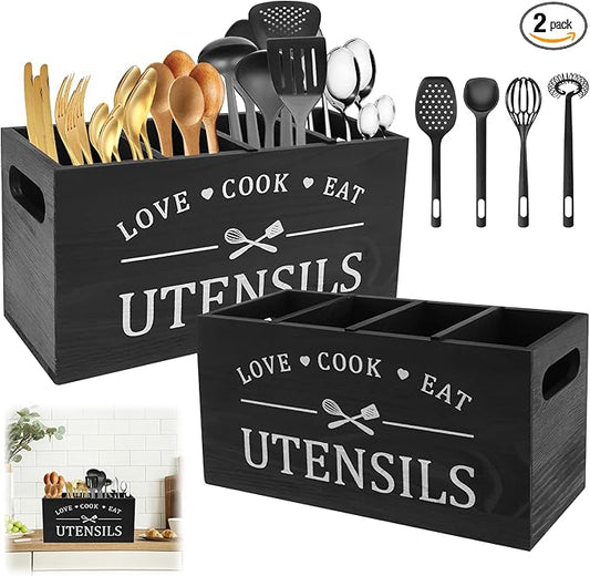 2 Pack Extra Large Kitchen Utensils Holder with 4 Compartments, Wooden Utensil Organizer for Kitchen Countertop, Farmhouse Kitchen Decor, Rustic Cooking Utensil for Knives, Forks, Spoon and Spatula