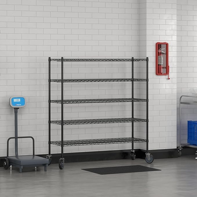 Commercial NSF Listed Black Epoxy Mobile Wire Shelving Kit 18" x 54" x 60", with 5 Shelves Perfect for Warehouse, Walk-in Refrigerator, Freezer, Grocery Store, Restaurant, Dishroom