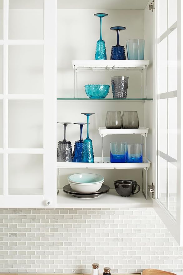 Madesmart Small Stackable Storage Shelf for Cabinets or Counters, Plastic Collapsible Cabinet Shelf for Home Organization, White , 9.38 x 7.63 x 1.5 in