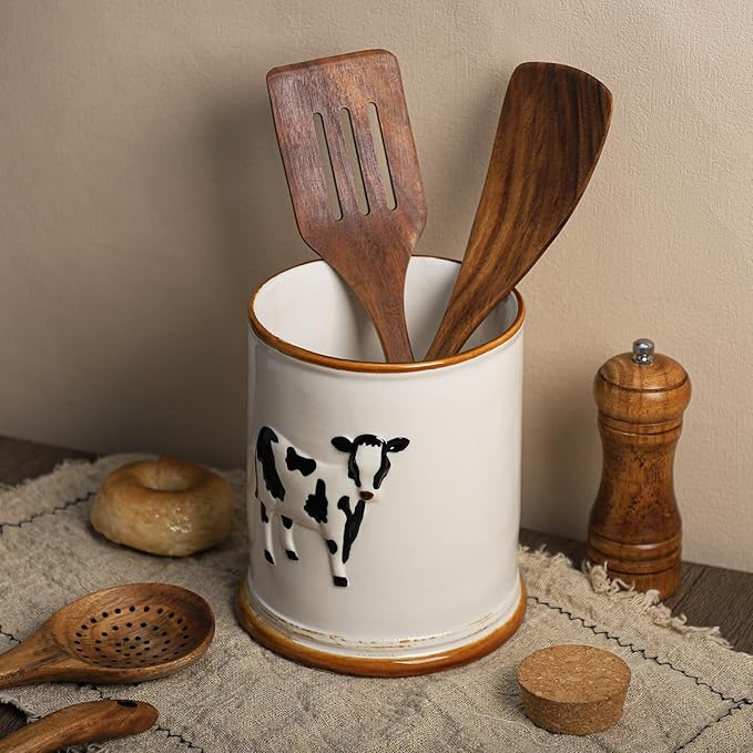 SOCOSY Ceramic Retro Cow Embossed Kitchen Utensil Holder For Countertop Large Cooking Utensil Crock Holder Spatula Holder
