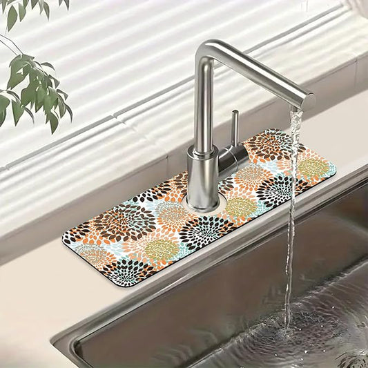 Vintage Flowers Kitchen Sink Splash Guard Faucet Mat Abstract Floral Super Absorbent Fast Drying Mat Sink Splash Guard Behind Faucet for Kitchen Bathroom, 15.5"x5.5"