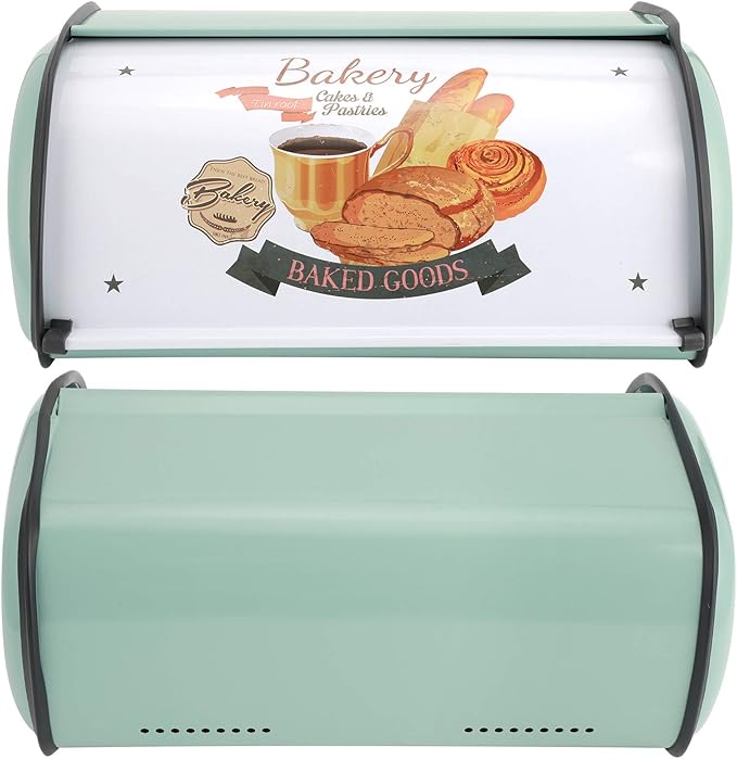 Roll Top Bread Box for Kitchen Counter - Metal Bin Retro Food Storage Container, 13"x9.4"x5.9" (Green)