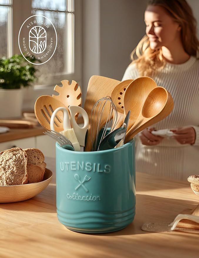 AISBUGUR Large Ceramic Utensil Holder 7.5" H×6.3" W with Slanted Mouth - Utensil Crock with Non-Slip Cork Base for Kitchen Counter, Ideal for Decor & Gift,Blue