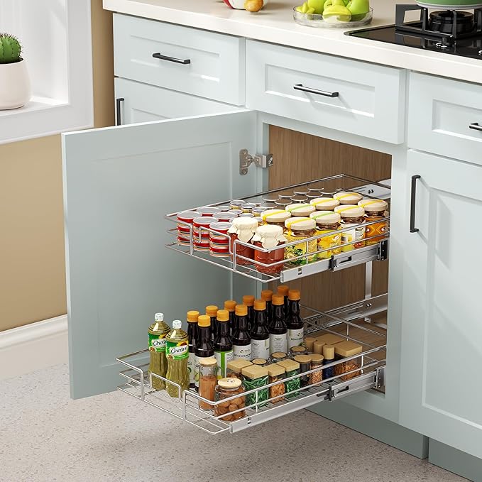 ROOMTEC Pull Out Cabinet Organizer (11" W x 18" D),2 Tier Pull Out Storage Shelf Drawer Basket,Sliding Shelves for Base Cabinet Organization in Kitchen, Bathroom, Pantry