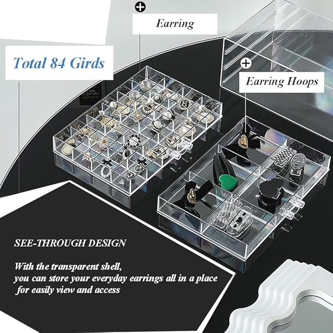 Jewelry Boxes Earring Storage Box Organizer 5 Drawers Jewelry Organizer Acrylic Jewelry Storage Box Holder Compartment Transparent Display Storage Case Gift for Women Girls (84 Girds)