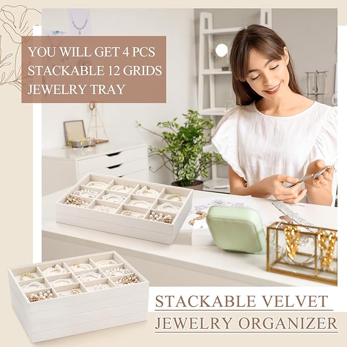 4 Pcs Stackable 12 Grids Jewelry Organizer Tray Velvet bracelet holder Tray Stackable jewelry Organizer Trays for Drawer bracelet display for Selling Bangle Necklace Earring Ring Showcase
