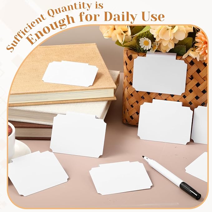 YooNotee 50 Pcs White Basket Labels Clip with 4 Black Chalk Markers Reusable Plastic Storage Bin Erasable Labels Kitchen Pantry PVC Tag Stickers for Fabric Cubes Basket Box Organization