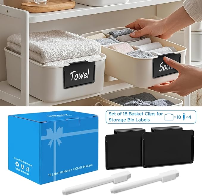 trohestar Metal Pantry Baskets Labels Clip On for Storage Bins | Edge Fold-Cream (Edge Fold-Black, 18 Metal Label Clip)