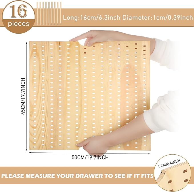 Yookeer 17.7 x 19.7 inches jumbo Wood Pegboard Drawer Organizer with 32 pcs Wooden Peg Adjustable Pegboard Wall Shelf and Drawer Organizer for Dish kitchen Plate Containers Cookware Utensils(1 Set)