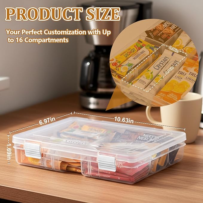 Drink Packet Organizer – Stackable Clear Acrylic Water Flavor Packet Organization with Removable Dividers & Secure Lid for Kitchen, Countertop