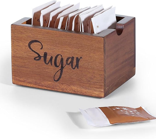 Acacia Sugar Packet Caddy for Coffee Bar, Farmhouse Wood Sugar Holder Packets , Sugar Packet Container, Small Tea Bag Organizer for Office Table,Hotel, Restaurant, Brown Labeled Sugar