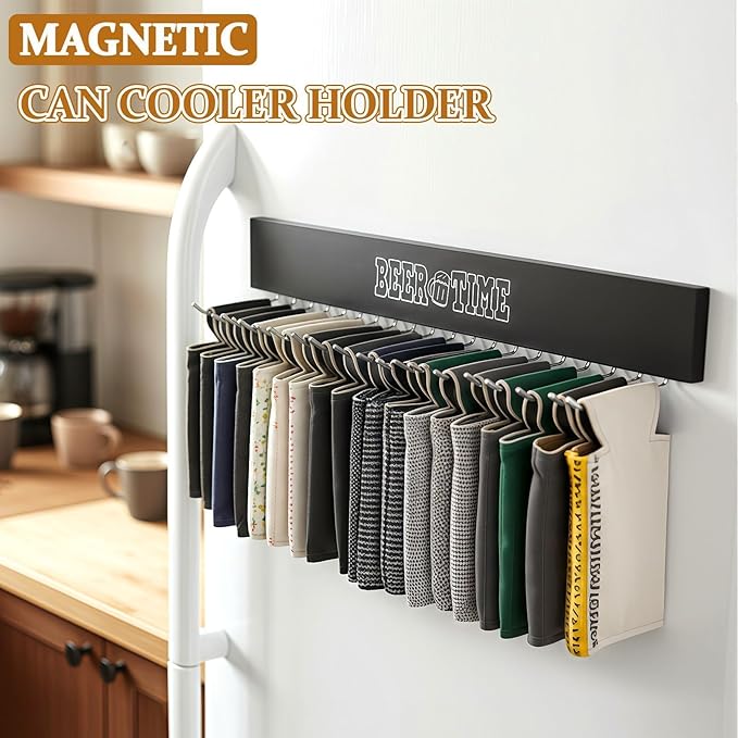 Magnetic Can Cooler Holder Storage Wall Mount, Cooler Organizer Rack with 20 Rotatable Metal Hooks, Adhesive Drink Cooler Dispenser, Wooden Beer Sleeve Accessories for Fridge & Wall, Rust-Resistant