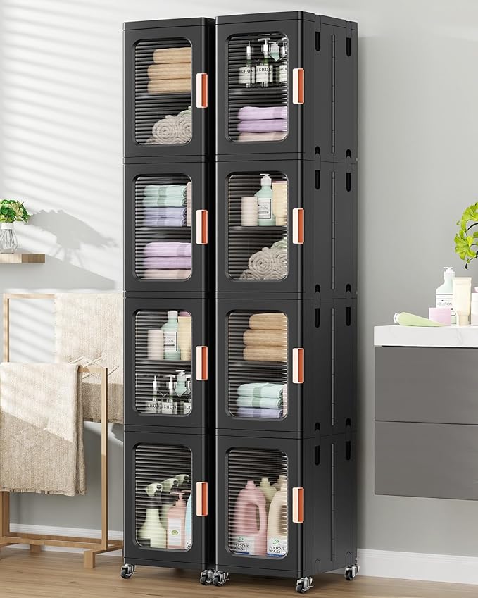 BROVIEW 8-Tier Tall Narrow Storage Cabinet Organizer, Slim Bathroom Cabinets with Adjustable Shelves and Doors, Plastic Kitchen Pantry Organizers and Storages for Small Space, Laundry, Black