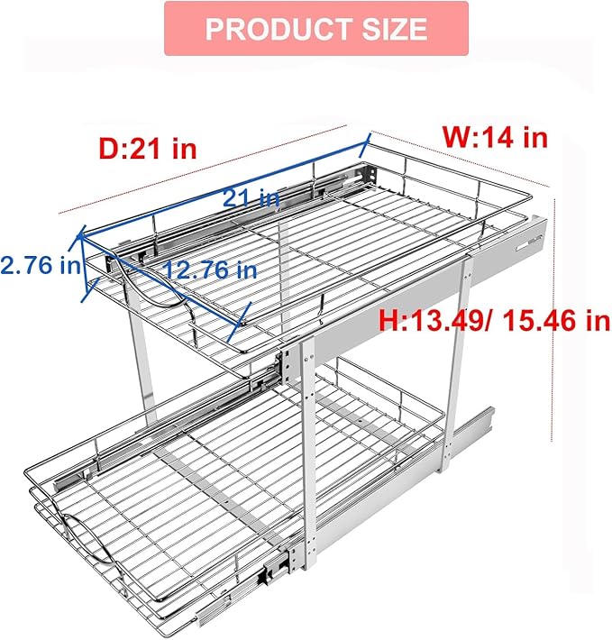 Pull Out Cabinet Organizer 14" W x 21" D 2-Tier Individual Slide Out Drawer Pantry Shelf Storage for Kitchen Base Cabinet Organization for Kitchen, Bathroom, Pantry, Chrome