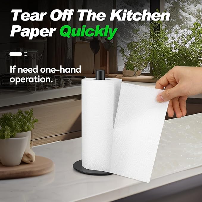 Black Paper Towel Holder, Countertop Paper Towels Holder, Premium Stainless Steel Paper Towel Holder Stand, Non-Slip Kitchen Paper Roll Holders with Weighted Base