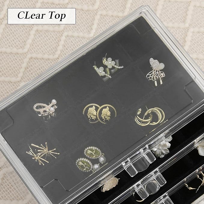 misaya Earring Jewelry Organizer with 5 Drawers, Birthday Present, Clear Acrylic Jewelry Box for Women, Velvet Earring Display Holder for Earrings Ring Bracelet Necklace, Black