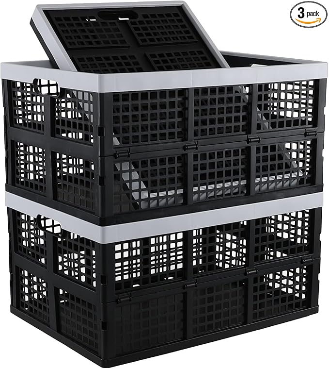 Zopnny 66 L Large Plastic Collapsible Storage Basket, Heavy Duty Stackable Storage Crate, 3 Packs