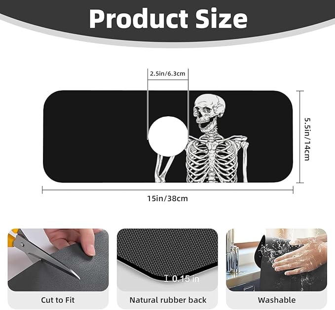 Black Funny Skull Human Skeleton Halloween Kitchen Sink Splash Guard Faucet Mat Super Absorbent Fast Drying Mat Sink Gadgets-Fast Drying Pad Sink Mat For Kitchen Bathroom (15" X 5.5" )
