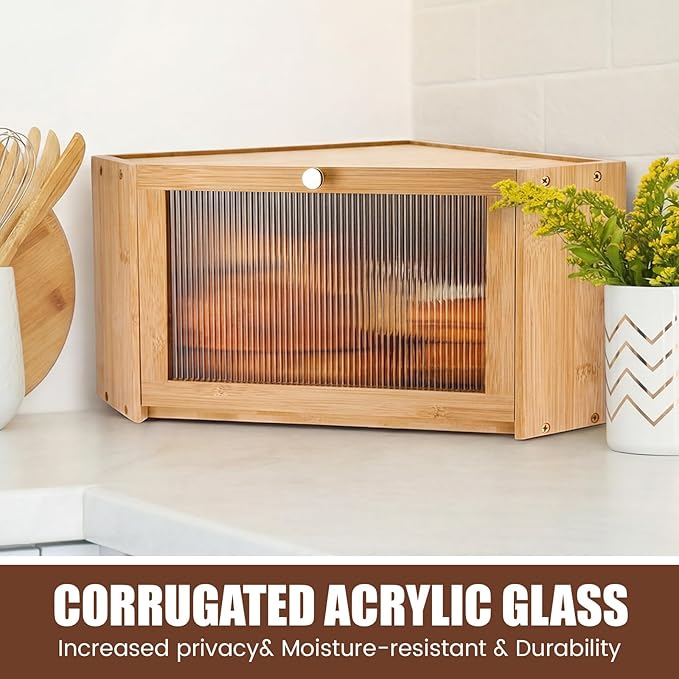 Corner Bread Box for Kitchen Countertop Bamboo Bread Boxes Large Capacity Corner Counter Breadbox Vintage Breads Storage Container with Arcylic Door Breadbox Under Cabinet Mount for Kitchen