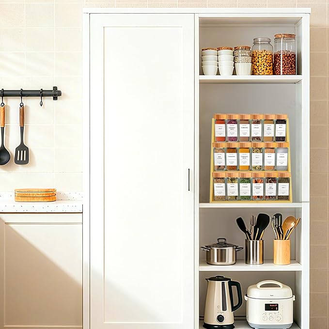 Bamboo Spice Rack Organizer, 3 Tier Spice Shelf Stand for Kitchen Countertop, Wood Folding Spice Rack for Cabinet