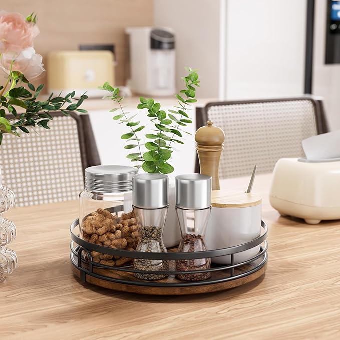 LAMU 9'' Lazy Susan Turntable Organizer for Cabinet, Round Wood Lazy Susan for Table Top, Kitchen, Countertop, Pantry, Spice, Bathroom Vanity, Coffee, Decor