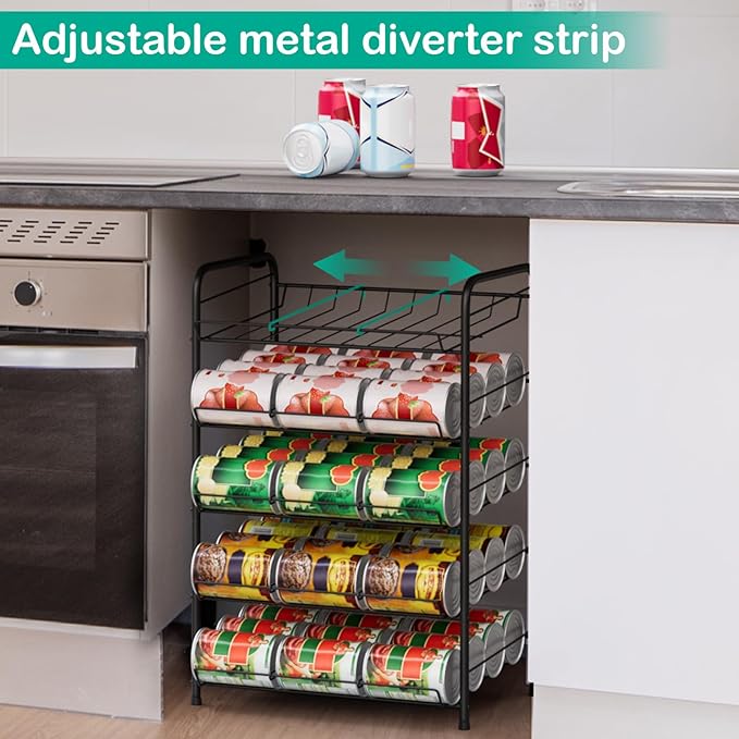 smusei 5 Tier Can Organizer for Pantry Shelf Large Capacity Drink Organizer Holds 60 Cans of Soda Can Dispenser with Adjustable Metal Diverter Strip for Kitchen Cabinet Cupboard, Black