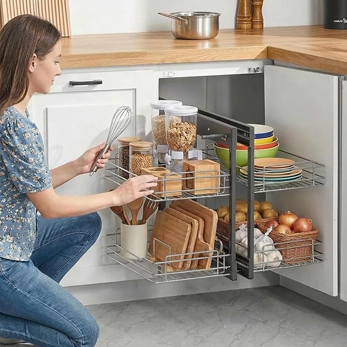 Blind Corner Pull Out Organizer for 32" Cabinet Left Open & Right Open Compatible 2 Tier 4 Shelves Adjustable Height