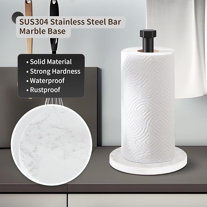 Paper Towel Holder, Kitchen Paper Towels Holder Stand, Stainless Steel Paper Towel Holder -High-Grade Marble Weighted Base, Non-Slip Protect The countertop - Matte Black