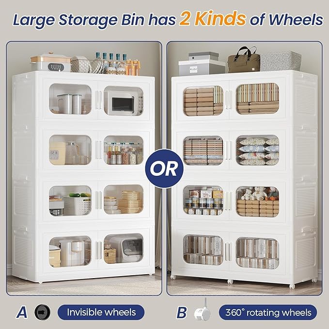 KuyiGame 250Gal Exra Large Stackable Storage Bins with Lid, 1000QT Collapsible Storage Box with 6x Wheels, Folding Plastic Cabinet Container with Door Drawer for Home Kitchen Office Dorm, 5Pack White