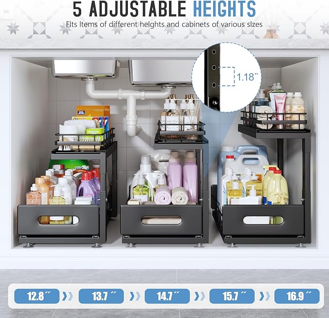 1 Pack 18 IN Depth Under Sink Organizer with Smooth Ball Bearing Slides,2-Tier Pull Out Cabinet Storage,Slide Out Drawers for Bathroom&Kitchen,Rust-resistant Coating,Height Adjustable-Black
