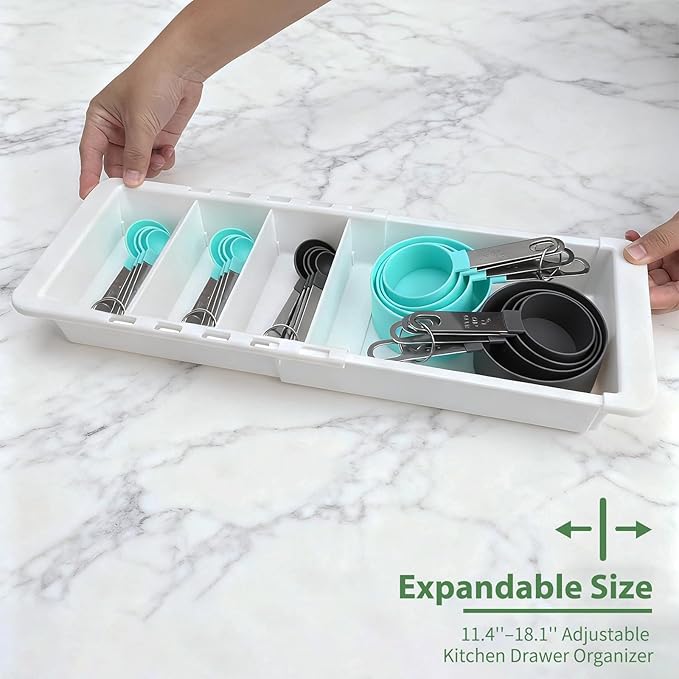 Expandable Measuring Cup Organizer & Measuring Spoon Organizer for Deep Drawers, 11.4''–18.1'' Adjustable Kitchen Drawer Organizer with 3 Dividers, Space-Saving Flatware Bin for Home & Kitchen