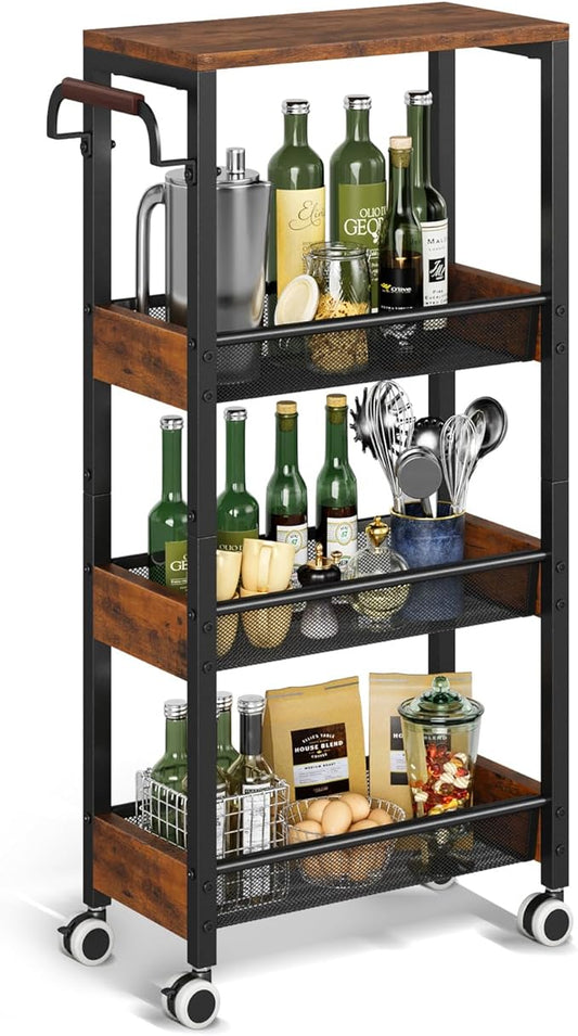 4 Tier Slim Rolling Cart with Wheels for Kitchen, Utility Narrow Storage Cart with Wood Top& Wood Handle for Small Space, Skinny Metal Organization Trolley Laundry Slim Storage Cart 7.9"
