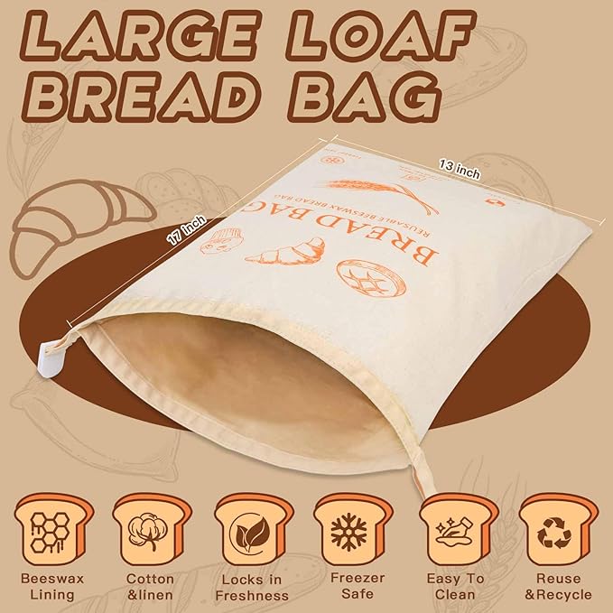 HOYEEFOU 2-Pack Reusable Beeswax Bread Bags for Homemade Bread & Sourdough,100% Linen Waxed Bags Keeps Fresh Longer,XL Eco-Friendly Fresh Food Storage,Freezer Safe