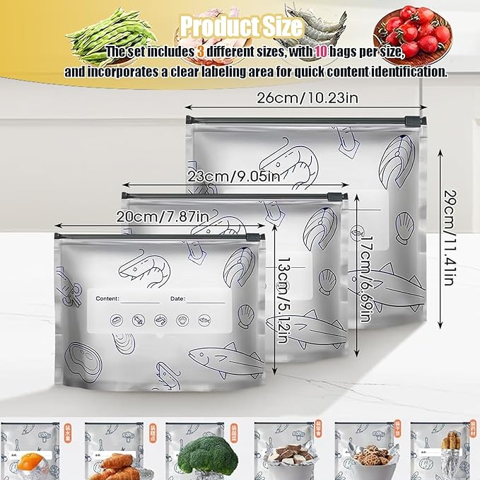 SNMIEDO Reusable Aluminum Foil Sealable Storage Bags - Freezer Ziplock Bags - Foil Sealable Bags for Food, Vegetables, Fruit, Meat, Snacks, Bread, Seafood Preservation