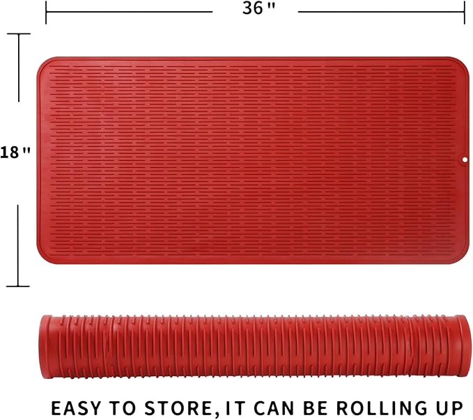 Silicone Dish Drying Mat for Multiple Usage,Easy clean,Eco-friendly,Heat-resistant Silicone Mat for Kitchen Counter or Sink,Refrigerator or Drawer Liner Red 5XL 36inches x 18inches
